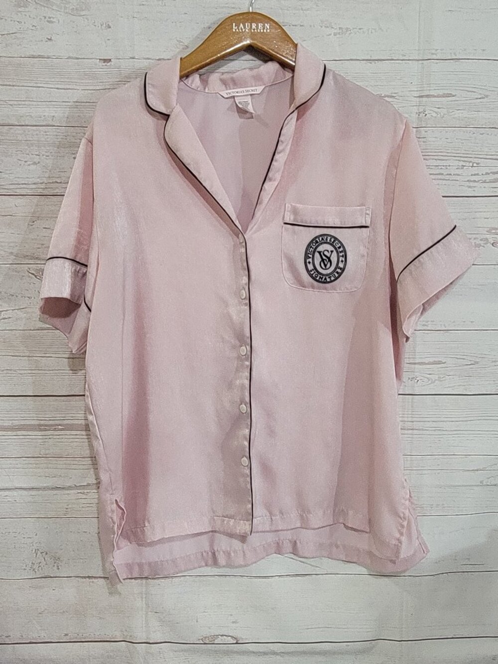 Victorias Secret Signature Pajama Top Womens Small Pink Black Piping Button Logo